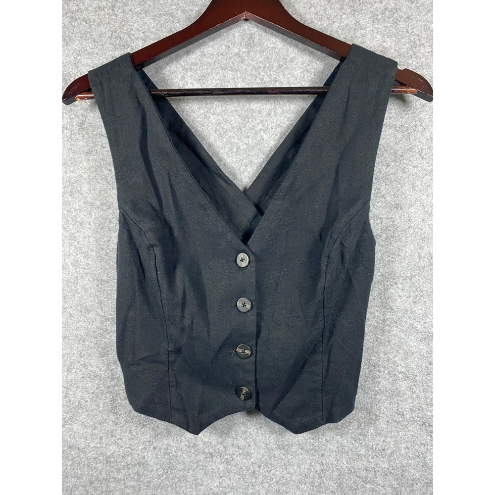 Abercrombie & Fitch Black LinenBlend Button Front Crisscross Back Vest Top Small - Picture 2 of 5